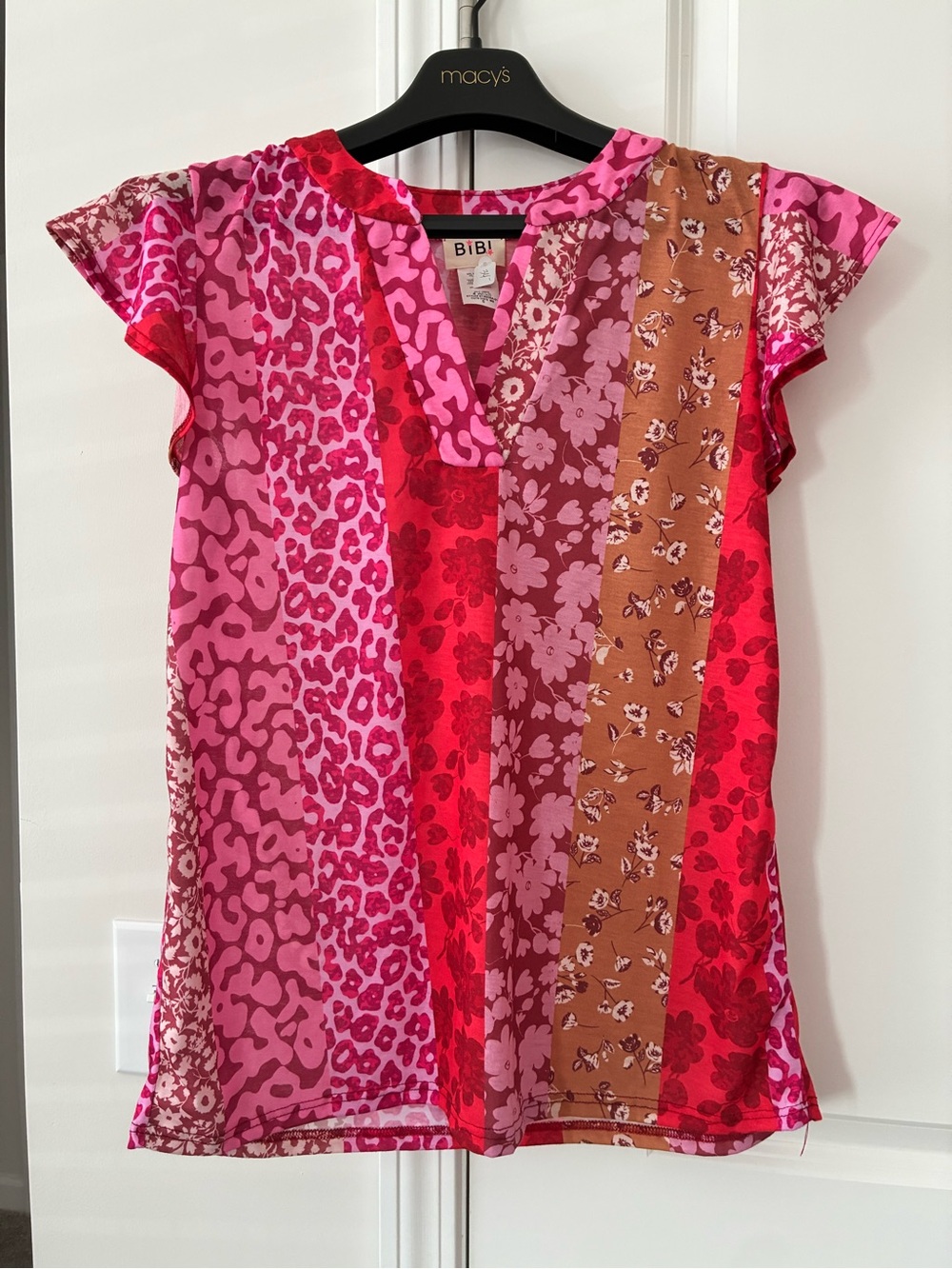 BIBI Pink & Red Floral Mix  Short Sleeve Top